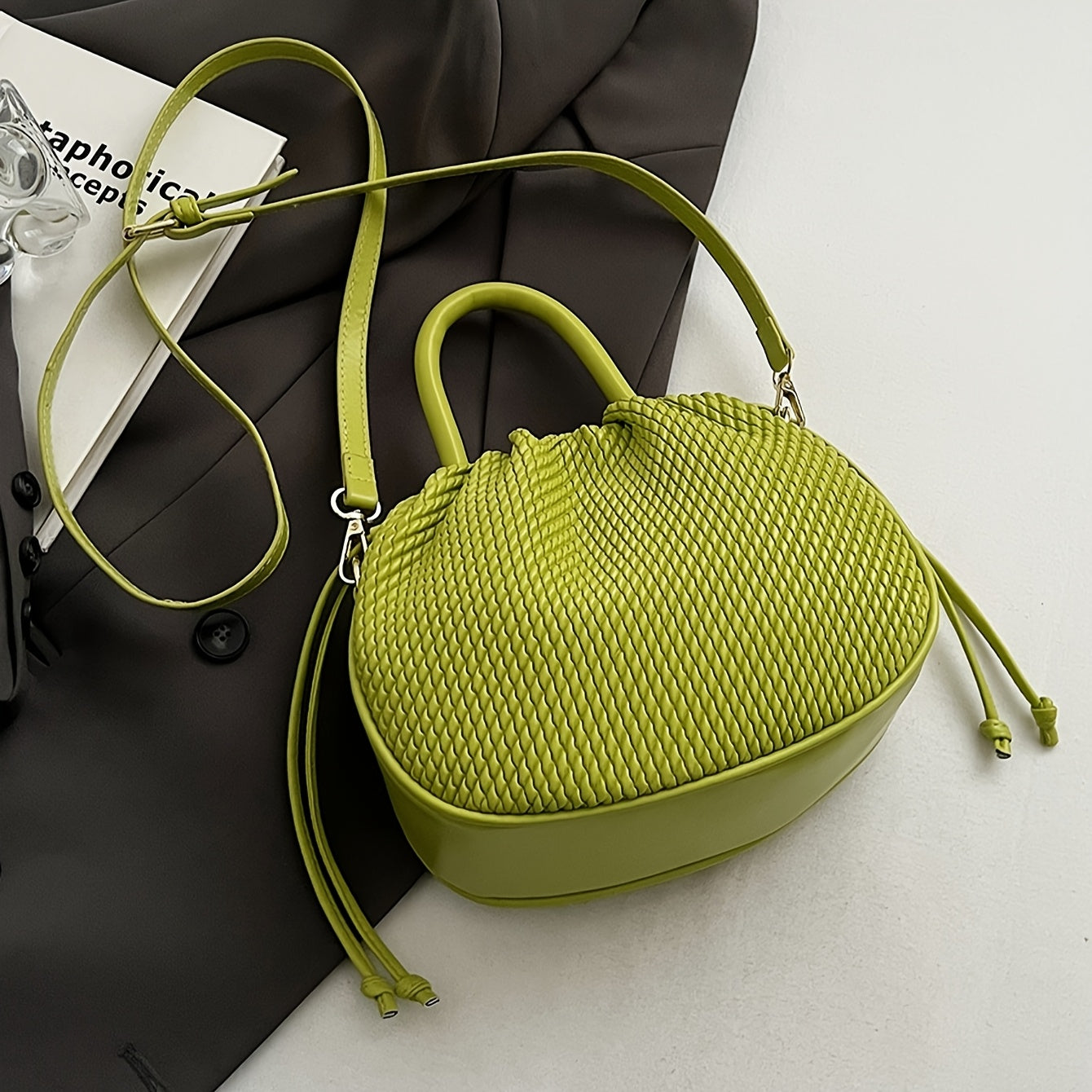 Solid Color Drawstring Tote Bag Women Elegant Daily Travel Handbag