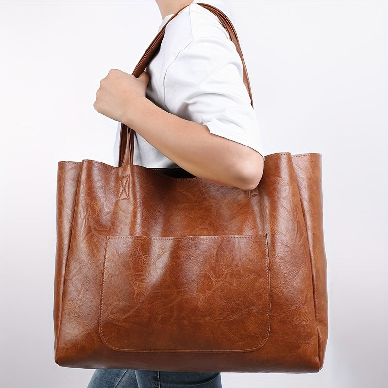 Retro Solid Women Tote Bag Large Capacity Convertible Shoulder Handbag