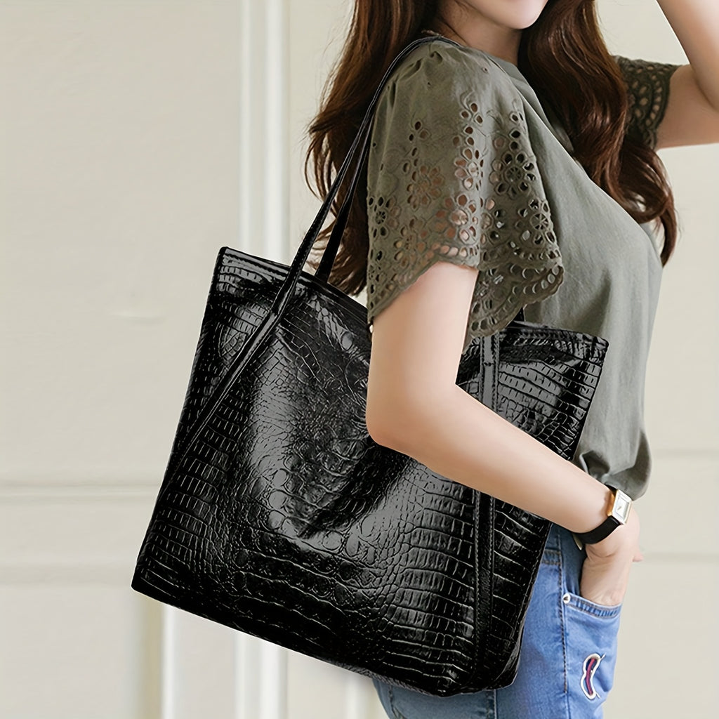 Stylish Retro Croc Pattern Tote Bag Durable PU Ladies Daily Handbag