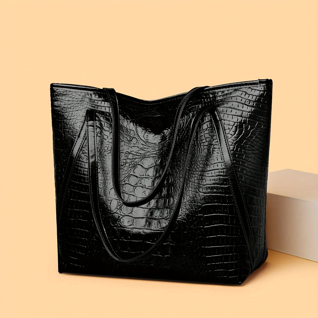 Stylish Retro Croc Pattern Tote Bag Durable PU Ladies Daily Handbag