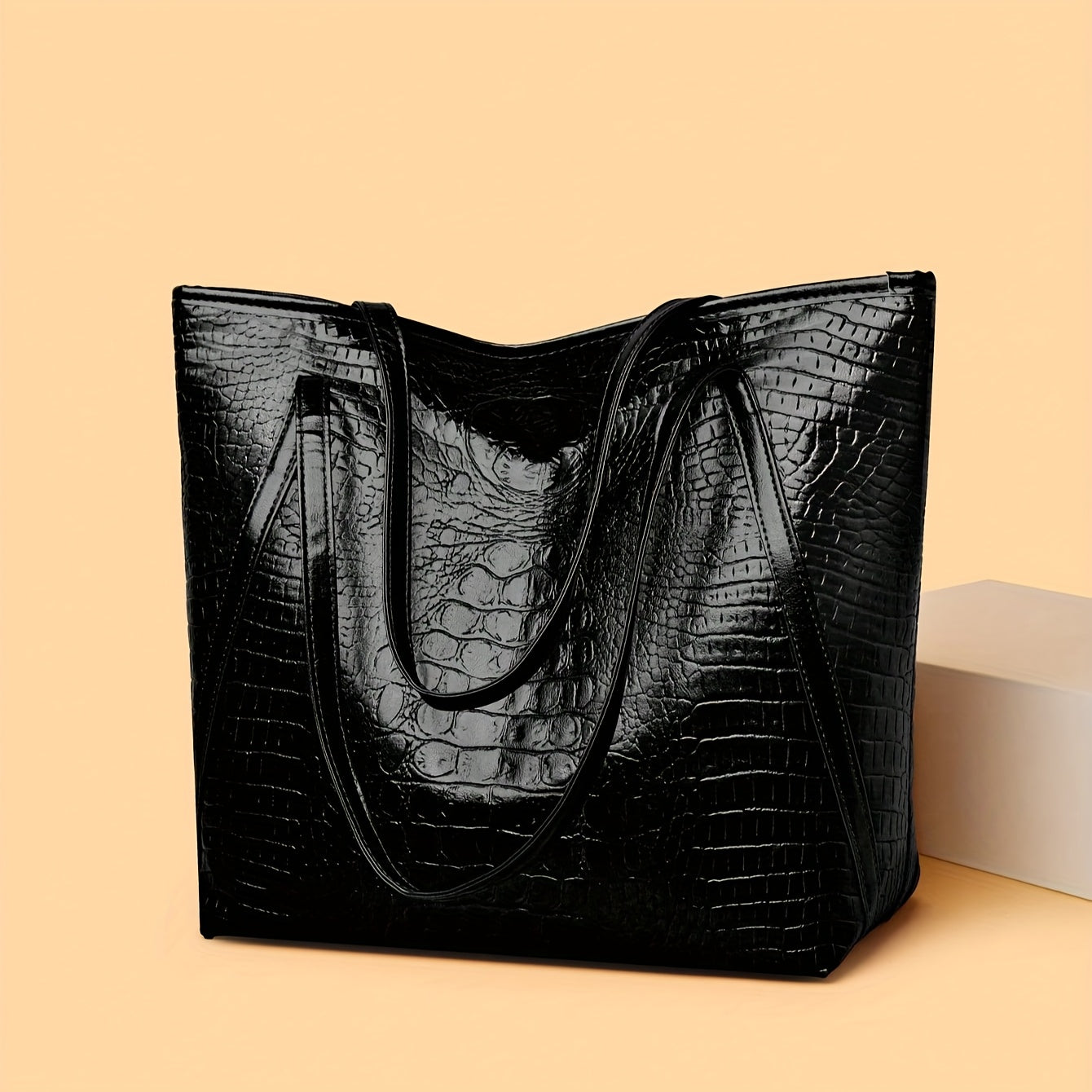 Stylish Retro Croc Pattern Tote Bag Durable PU Ladies Daily Handbag