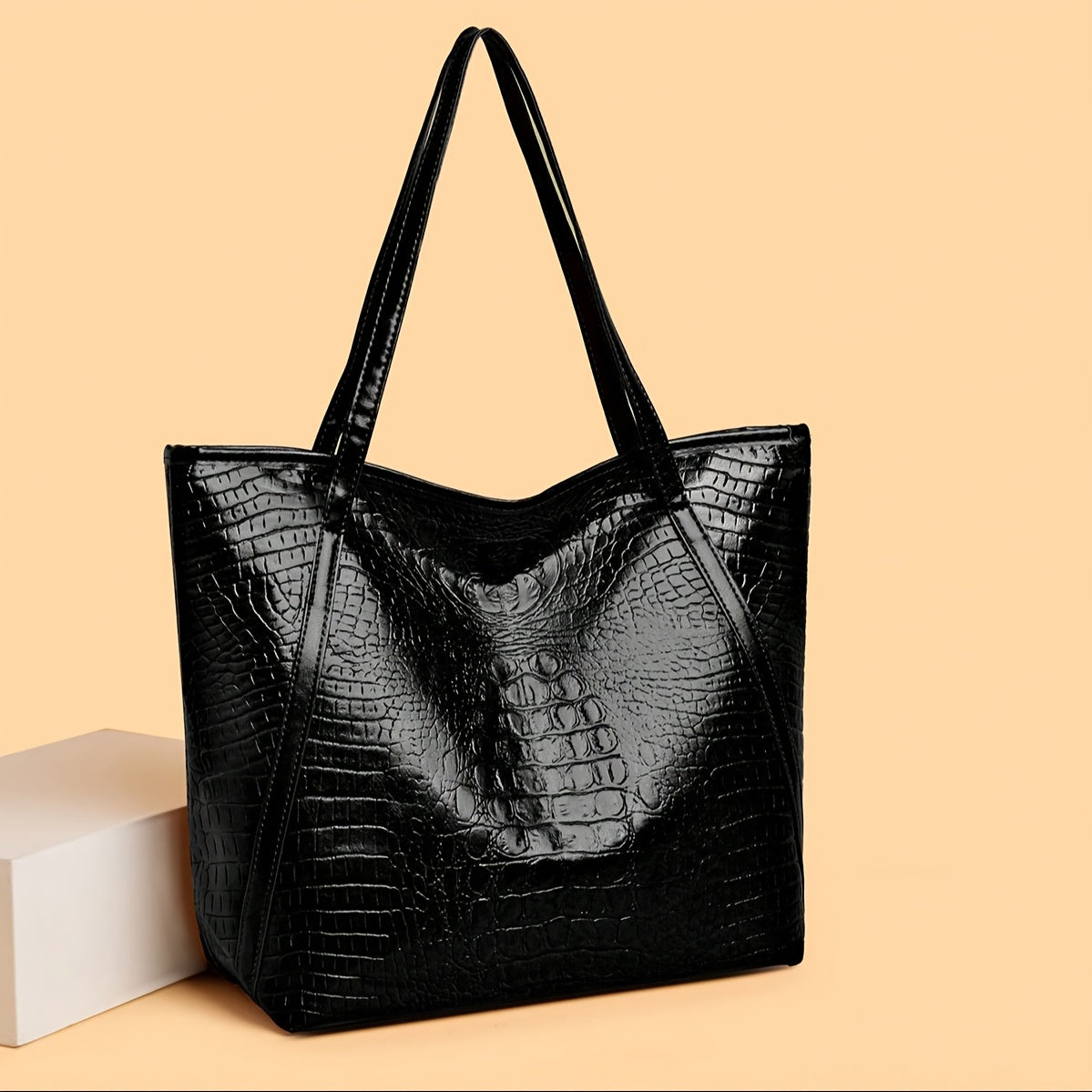 Stylish Retro Croc Pattern Tote Bag Durable PU Ladies Daily Handbag