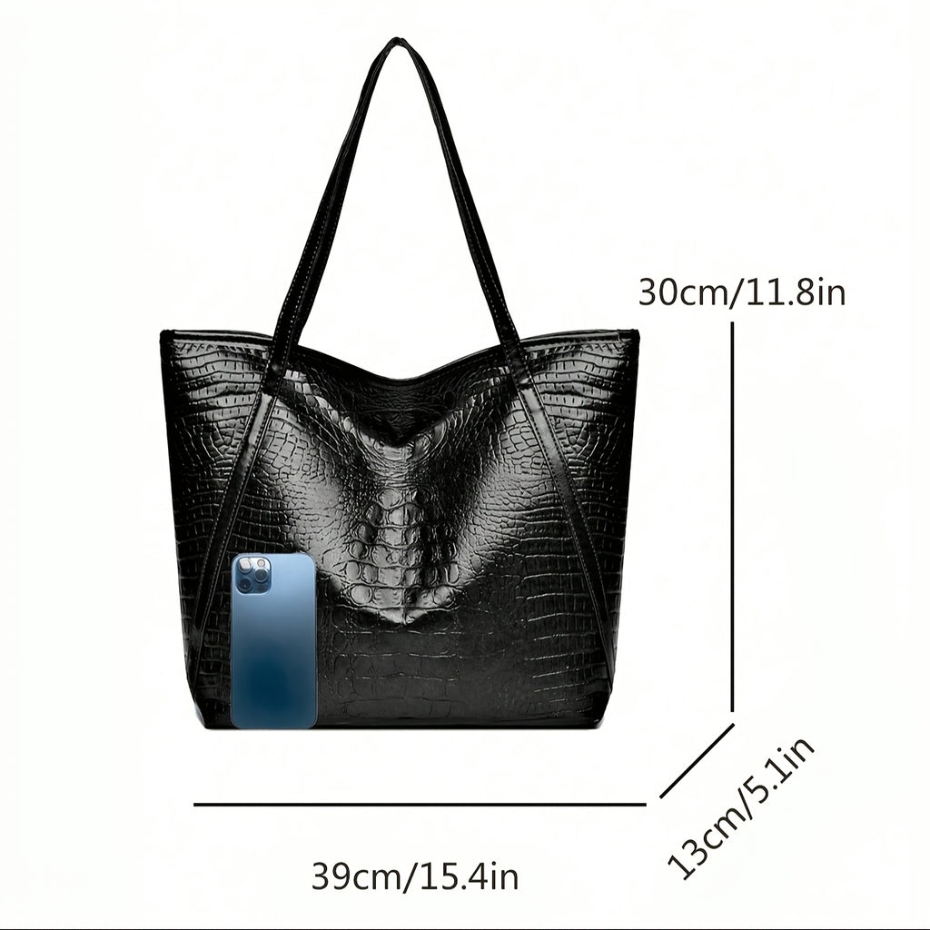 Stylish Retro Croc Pattern Tote Bag Durable PU Ladies Daily Handbag