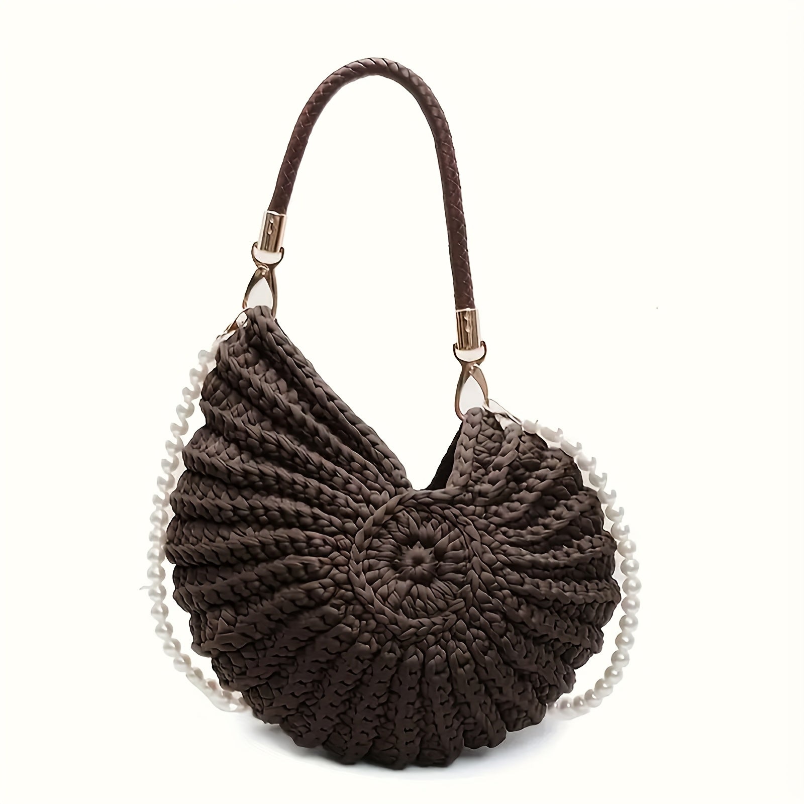 Beige Handwoven Shell Bag Chain Strap Casual Summer Travel Beach Tote Bag