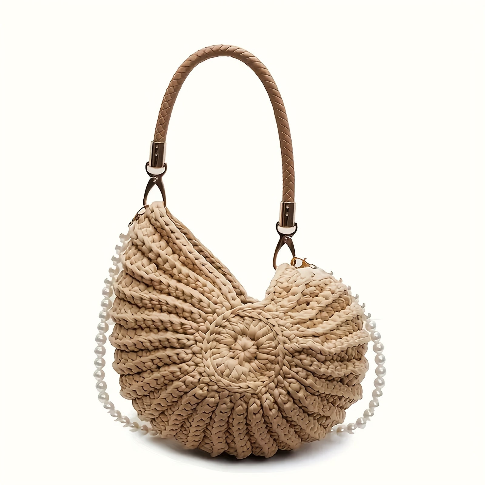 Beige Handwoven Shell Bag Chain Strap Casual Summer Travel Beach Tote Bag