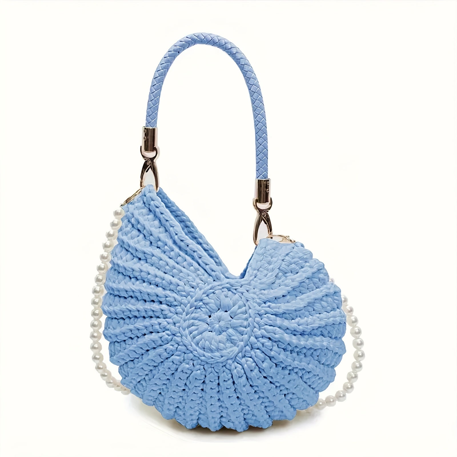 Beige Handwoven Shell Bag Chain Strap Casual Summer Travel Beach Tote Bag