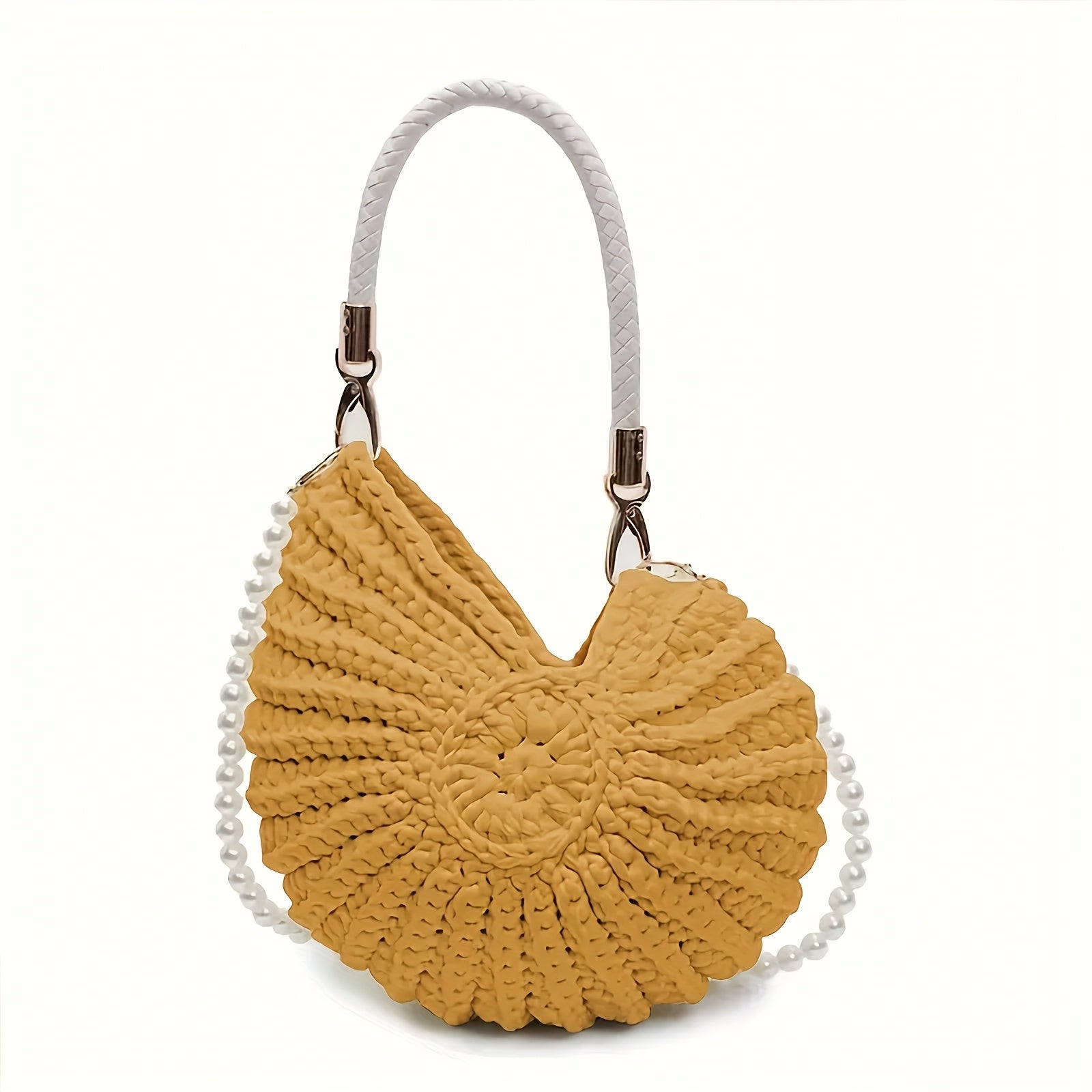 Beige Handwoven Shell Bag Chain Strap Casual Summer Travel Beach Tote Bag